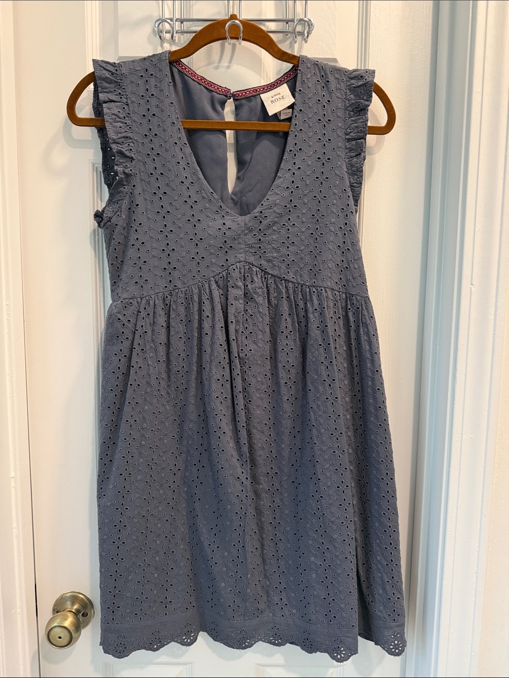 Grey Blue Eyelet Ruffle Sleeve Dress